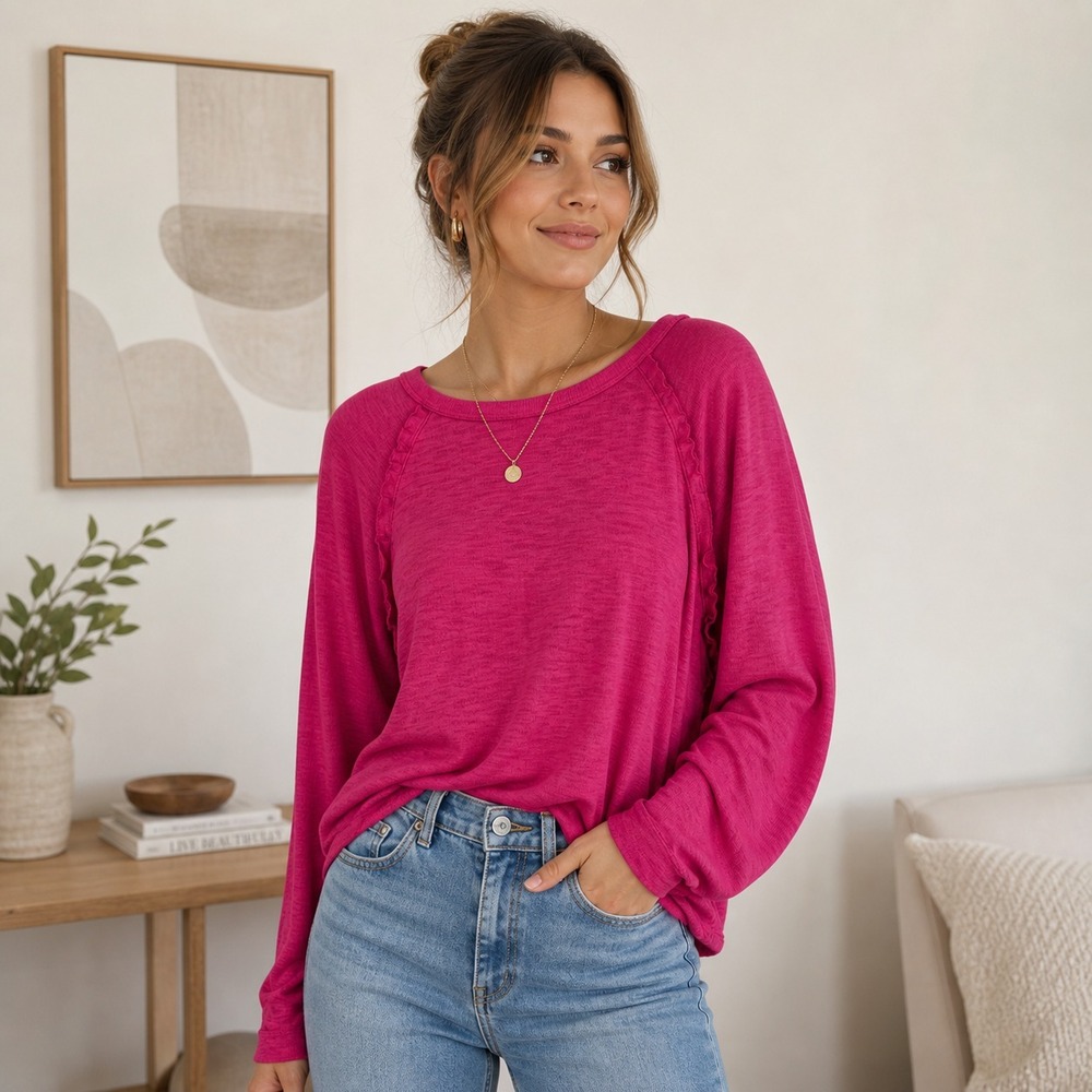 Pilcro Anthropologie Thermal Top Womens M Pink Ruffle Raglan Slub Knit Romantic